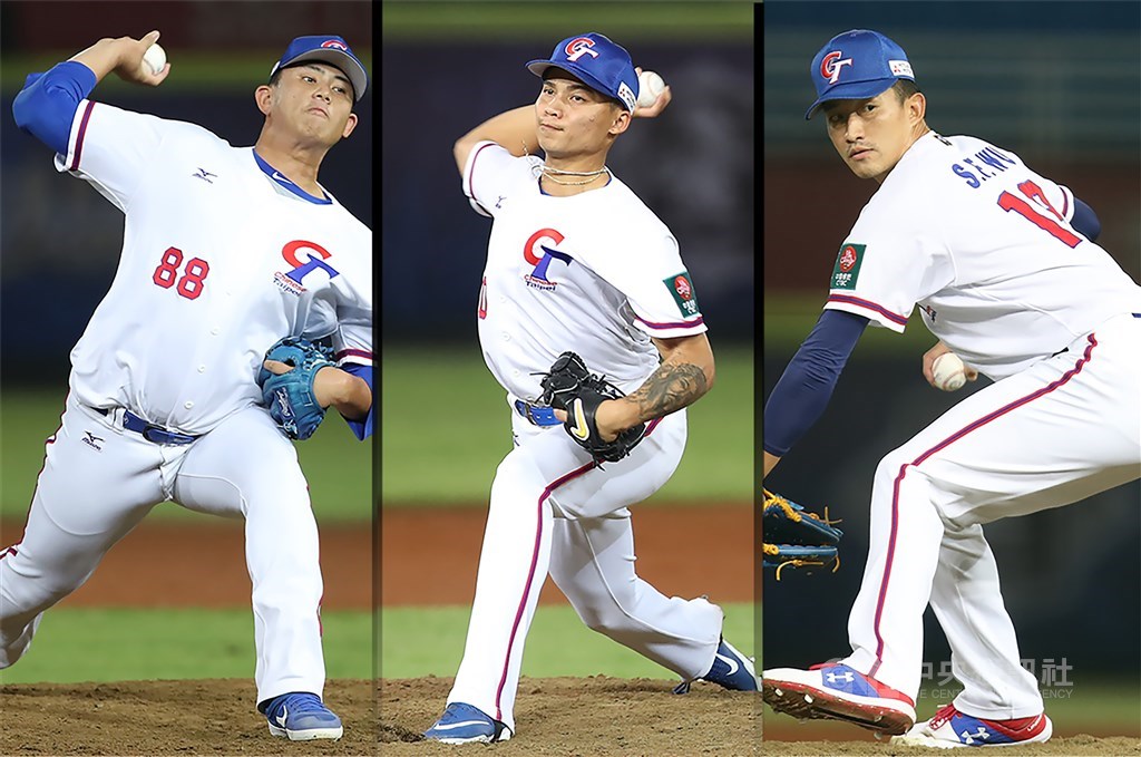 中華隊投手林鋅杰(左起)、林凱威與吳昇峰,都在熱身賽出賽,且無失分。(中央社記者張新偉攝)