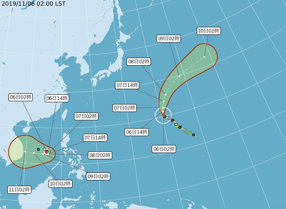氣象局6日預估,颱風哈隆(右)與5日生成的颱風娜克莉皆對台灣無直接影響。(圖取自中央氣象局網頁cwb.gov.tw)