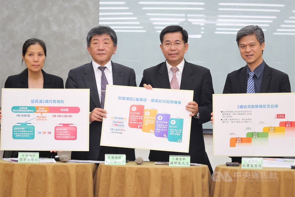 教育部長潘文忠(右2)和衛福部長陳時中(左2)7日共同宣布2歲就學利多政策,包含延長托育補助及增加2歲幼兒入園機會等。中央社記者陳至中攝 108年11月7日