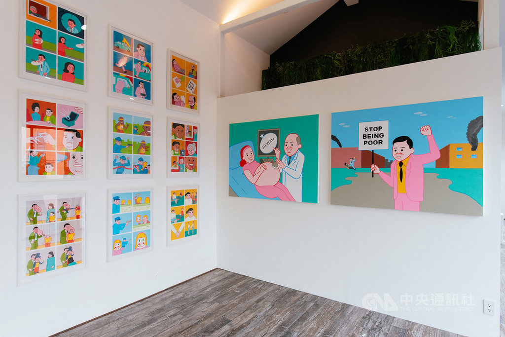知名西班牙插畫家朱安.葛明尼拉(Joan Cornella)以獨特視角與鮮豔色彩,透過簡單筆觸詮釋極度貼近卻也爭議性十足的當代社會風景,15日起將在台北展出多件全新作品、限量版畫與2件自拍系列雕塑。(JUSTLIVE 就是現場提供)中央社記者鄭景雯傳真 108年11月7日