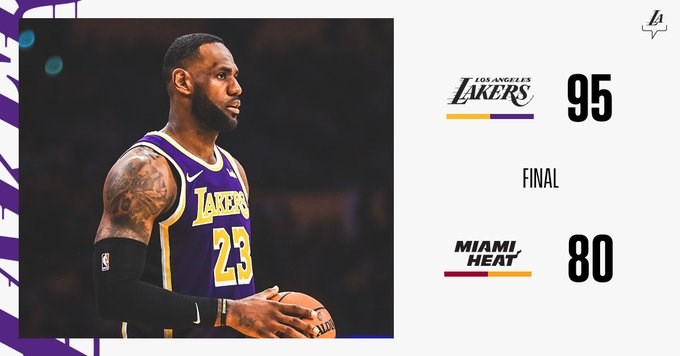 NBA洛杉磯湖人8日在主場出戰邁阿密熱火,湖人雙星詹姆斯及戴維斯聯手拿下51分,率隊以95比80撲滅熱火。(圖取自twitter.com/Lakers)