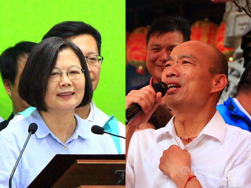 台中市立委選戰,藍綠不約而同採「母雞帶小雞」策略,打「素人牌」突襲艱困選區。圖左為總統蔡英文、右為國民黨總統參選人韓國瑜。(中央社檔案照片)