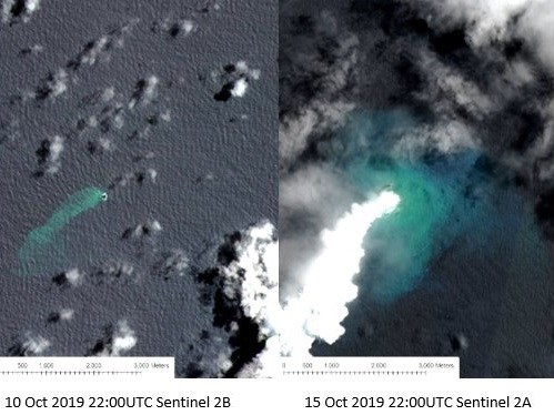 東加群島海底火山爆發造成一座島嶼陸沈,但也生成了另一座體積比前者大3倍,名為拉蒂基島(Lateiki)的新島嶼。(圖取自twitter.com/geonet)