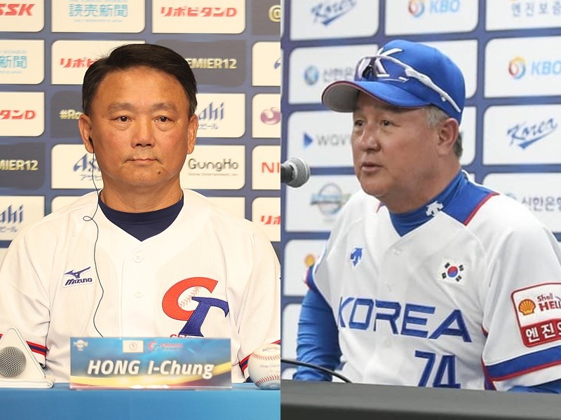 世界12強複賽中華隊7比0擊退韓國隊,這是繼2008年8搶3資格賽與北京奧運後,總教練洪一中(左)與韓國監督金卿文(右)第3度交手。(左圖為中央社檔案照片;右圖取自www.instagram.com/kbo.official)