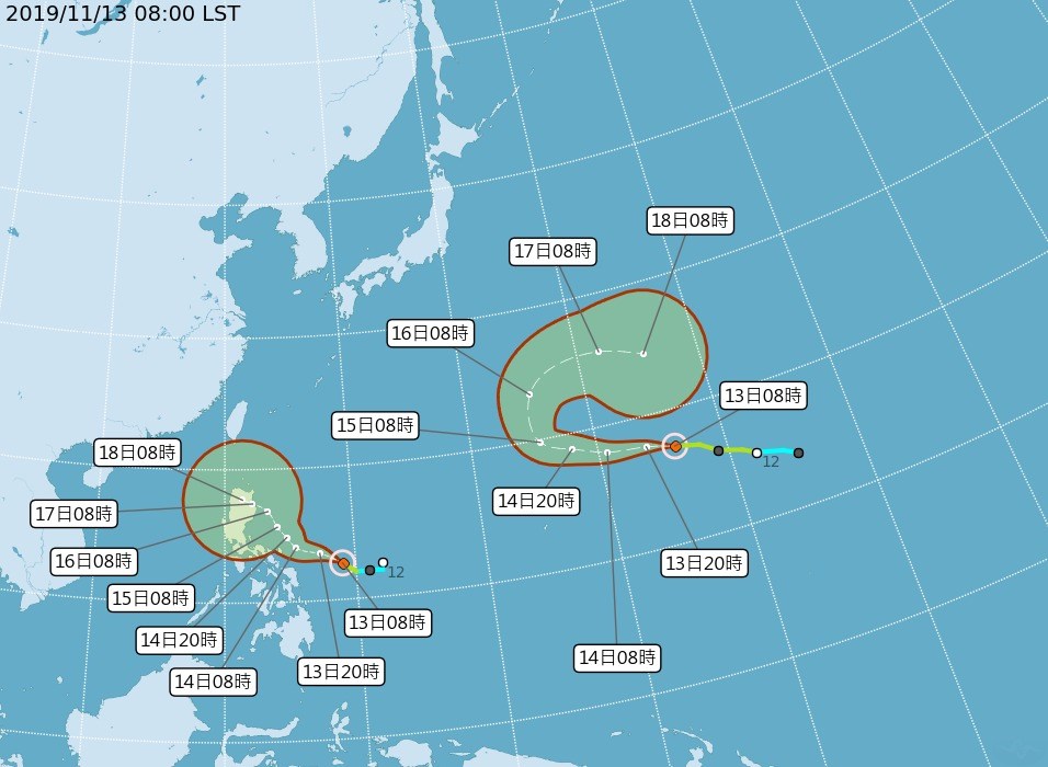 根據中央氣象局資料,原位在菲律賓東方海面的熱帶性低氣壓13日上午發展成輕度颱風「海鷗」(左),預測向西北西進行,16日之後將為台灣東半部帶來水氣。(圖取自中央氣象局網頁www.cwb.gov.tw/V8/C/)
