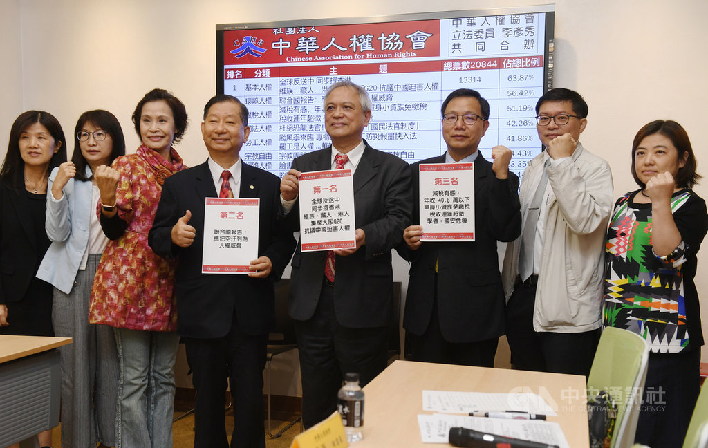 中華人權協會理事長林天財(右4)等人15日上午在立法院舉行「2019十大人權新聞」公布記者會,前三名分別為「全球反送中,同步撐香港」、「聯合國報告:應把空污列為人權威脅」、「減稅有感,年收40.8萬以下單身小資族免繳稅」。中央社記者施宗暉攝 108年11月15日