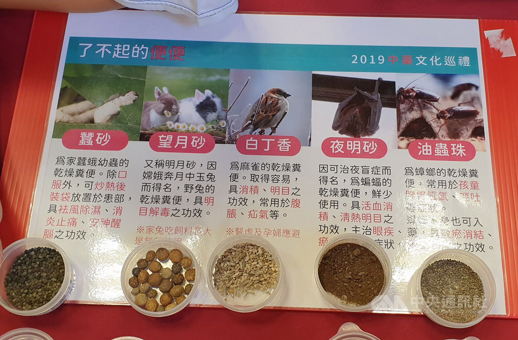 衛福部委託台北醫學大學在台北市迪化商圈辦理中藥文化巡禮,16日開跑,透過活動引導民眾認識各式中藥材,像是兔子、蝙蝠、蟑螂的乾燥糞便都能入藥。中央社記者陳偉婷攝 108年11月16日