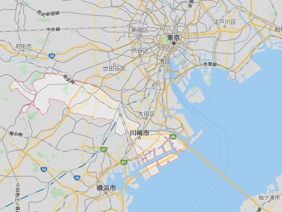 川崎市(紅框處)位於日本神奈川縣東北端,地處東京、橫濱兩大都市之間。(圖取自Google地圖google.com/maps)
