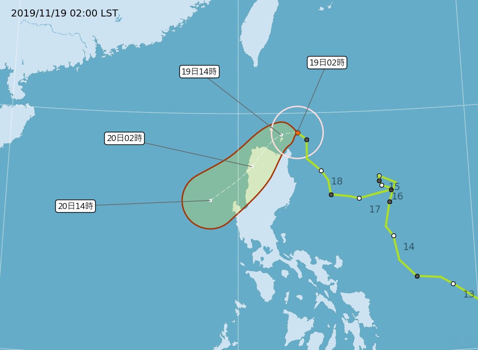 颱風海鷗19日凌晨2時位於鵝鑾鼻南南東方380公里的海面上,緩慢朝菲律賓北側移動,之後會進入南海,對台灣的天氣沒有直接影響,但會帶來一些水氣。(圖取自中央氣象局網頁cwb.gov.tw)