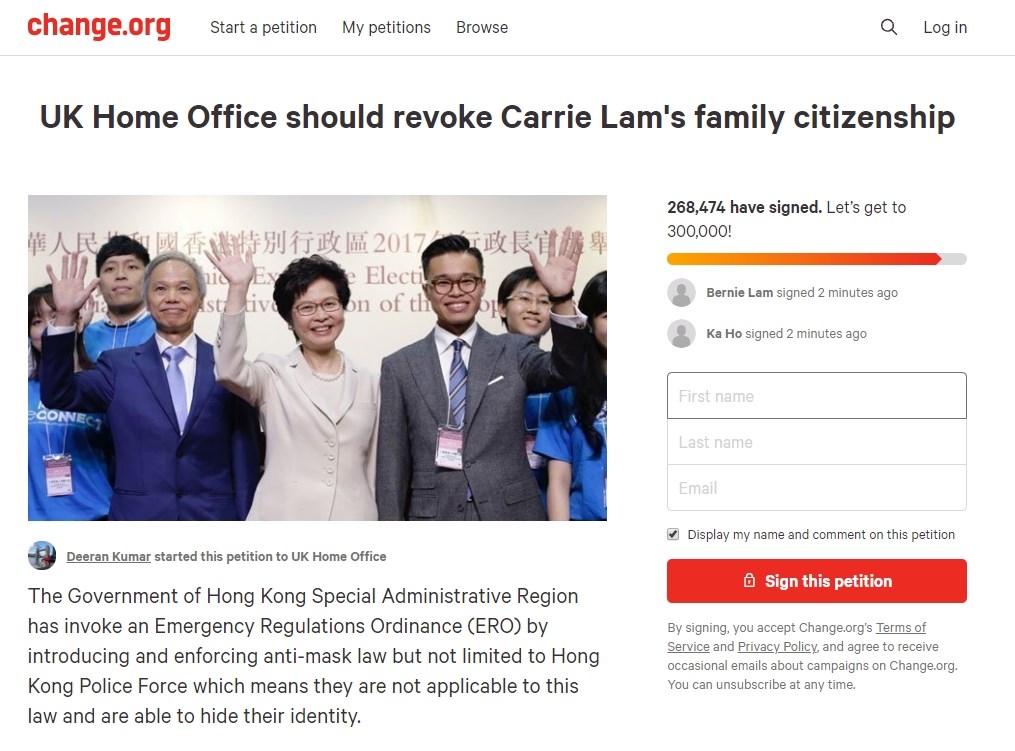 民眾在民間請願網站Change.org發起連署,要求英國政府撤銷香港特區行政長官林鄭月娥的丈夫和2個兒子的英國國籍。(圖取自民間請願網站Change.org網頁change.org)