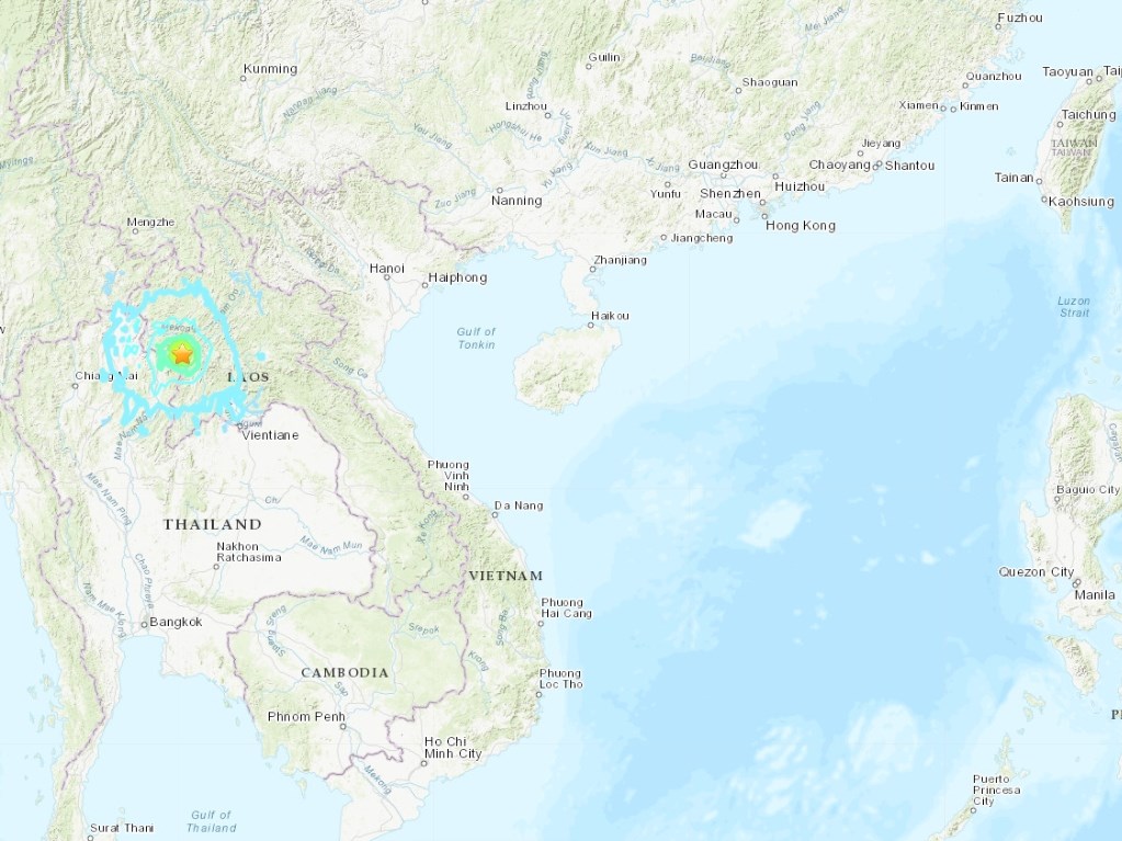 泰國和寮國邊境地區(星號處)21日發生規模6.1地震,震源深度僅10公里。(圖取自earthquake.usgs.gov)