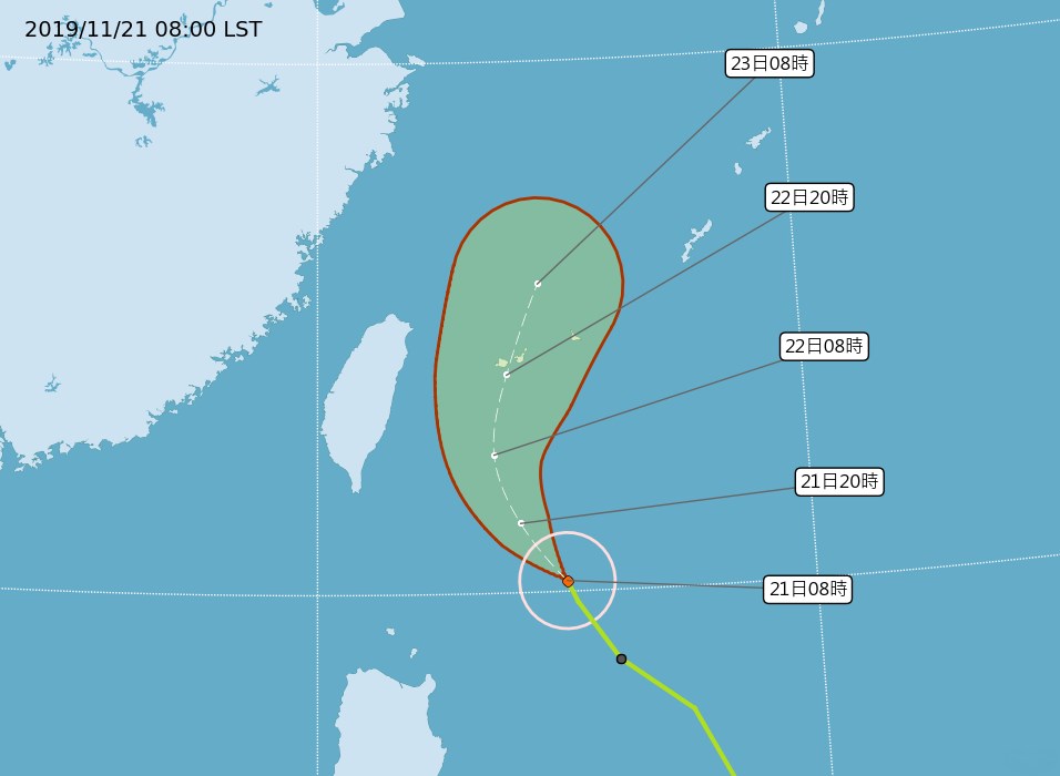 中央氣象局指出,21日受颱風外圍環流影響,北部及東半部地區會有短暫降雨。(圖取自中央氣象局網頁cwb.gov.tw)