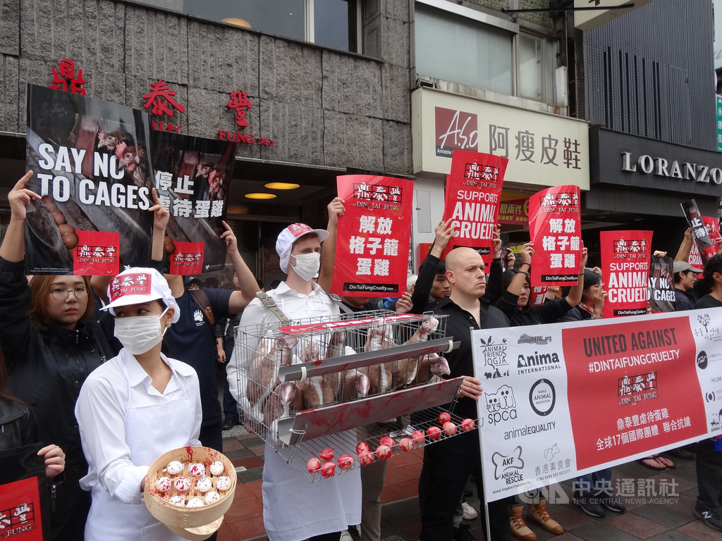 讓雞展翅國際聯盟(OWA)的動保組織22日同步在鼎泰豐美國及台灣信義門市抗議,訴求改用非籠飼雞蛋。中央社記者楊淑閔攝 108年11月22日