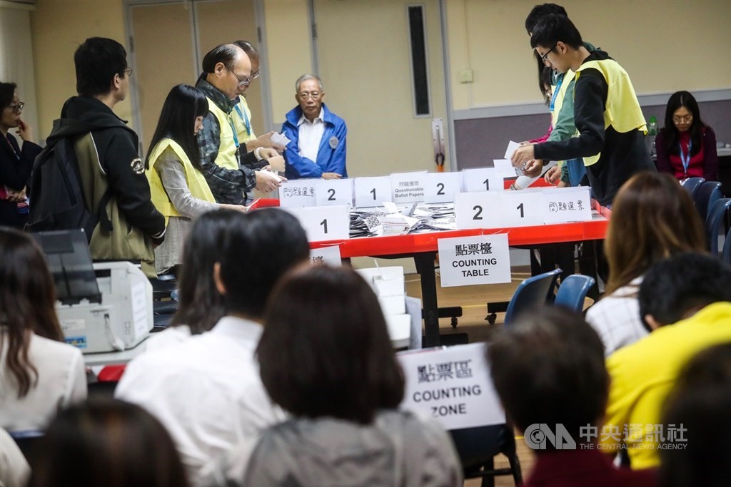 香港近日抗爭情勢逐漸趨緩,24日區議會選舉如期舉行,晚間10時30分結束投票後進行點票作業,25日凌晨灣仔一家投票站聚集大批民眾觀看作業情形。中央社記者吳家昇攝 108年11月25日