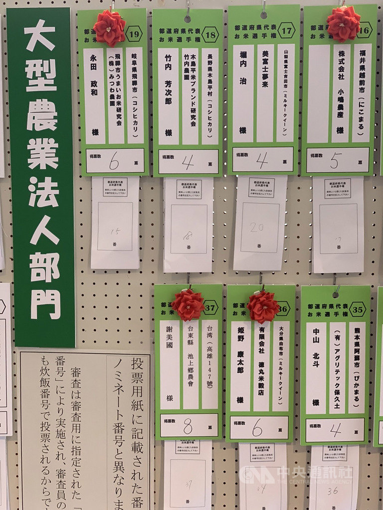 台東縣池上鄉的老農謝美國種植生產的米參賽日本「米.食味鑑定國際大會」,在千葉縣木更津市舉行第一和第二輪比賽後,榮獲金賞大獎。(台東縣政府提供)中央社記者李先鳳傳真 108年12月2日