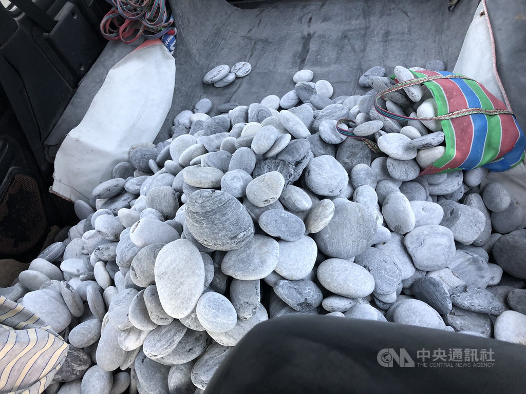 一名有盜採砂石前科的程姓女子,4日在花蓮溪口北岸徒手搬運石頭被海巡人員查獲,經秤重約搬運620公斤,訊後依竊盜罪移送花蓮地檢署偵辦。(第一二岸巡大隊提供)中央社記者張祈傳真 108年12月5日