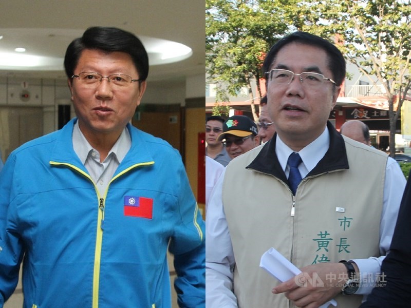 台南市議員謝龍介(左)宣稱國民黨總統參選人韓國瑜將逆轉勝,2020大選會贏總統蔡英文90萬票,否則就請吃2700份雞排。台南市長黃偉哲(右前)5日表示,「想吃謝龍介的雞排,就票投小英」。(中央社檔案照片)