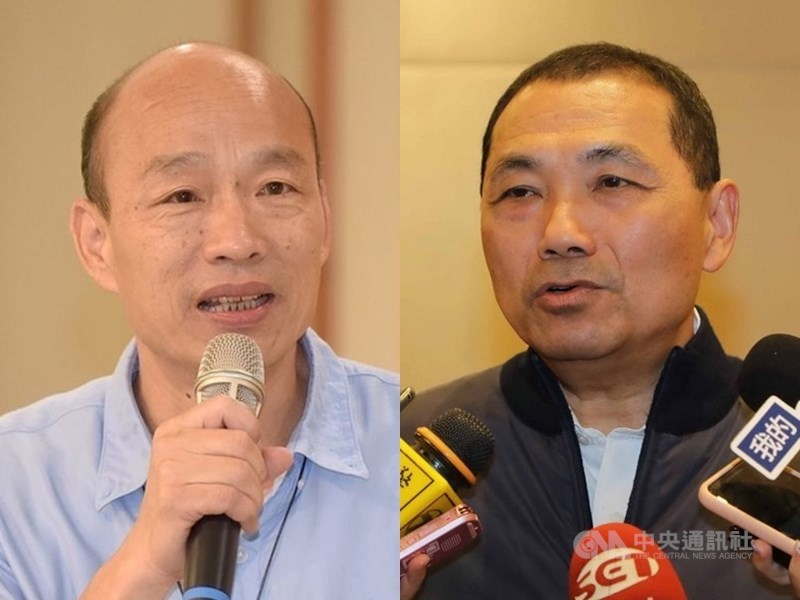國民黨總統參選人韓國瑜(左)8日固守雙北,重頭戲為新北競選總部成立造勢大會,可望首度與新北市長侯友宜(右)同台。(中央社檔案照片)