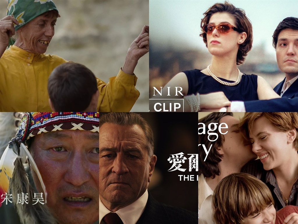 紐約時報影評人史考特選出2019年10部最佳電影,包含「大地蜜語」(上排左起)、「紀念品」、「寄生上流」(下排左起)、「愛爾蘭人」、「婚姻故事」等。(圖取自台北電影節 TaipeiFilmFestival、A24、CatchPlayMovies、Netflix Asia YouTube網頁youtube.com)