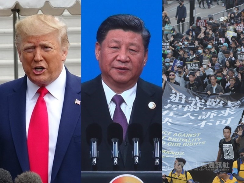時代雜誌2019年風雲人物將於11日揭曉,根據10日揭露的決選名單,入圍者包括美國總統川普(左)、中國國家主席習近平(中)和反送中香港示威者(右)等。(中央社檔案照片)