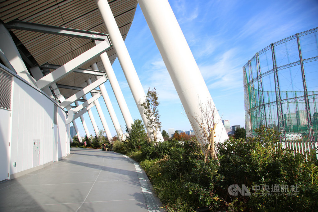 東奧主場館5樓稱為「天空森林」,植栽有櫻花、楓樹等逾100種植物。依不同方位,天晴時可看到富士山、東京晴空塔、東京鐵塔等,景觀怡人。中央社記者楊明珠東京攝 108年12月15日