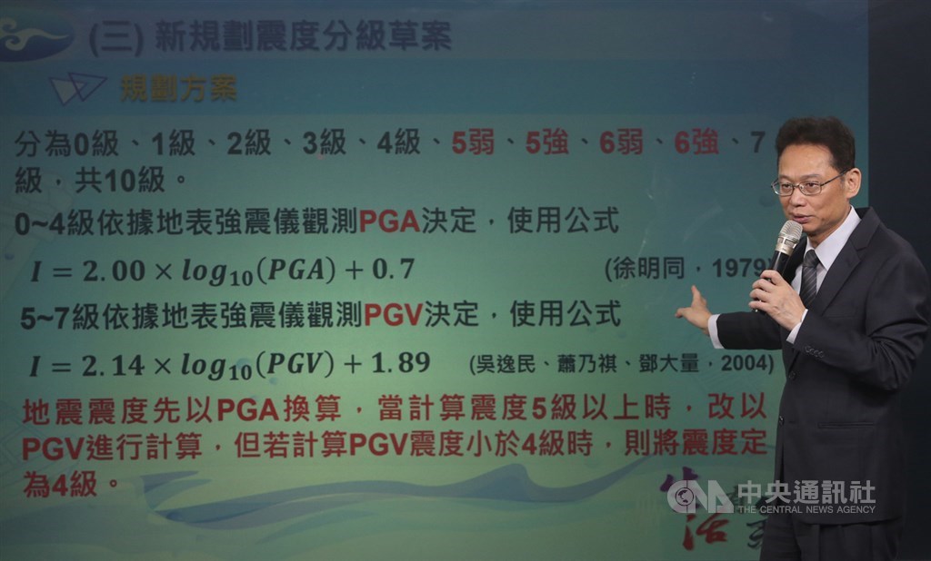 中央氣象局18日舉辦「地震新分級」記者會,氣象局地震測報中心主任陳國昌(圖)說明新分級制,將震度5級細分為「5強」「5弱」、6級細分為「6強」「6弱」,將自109年1月1日實施。中央社記者鄭傑文攝 108年12月18日