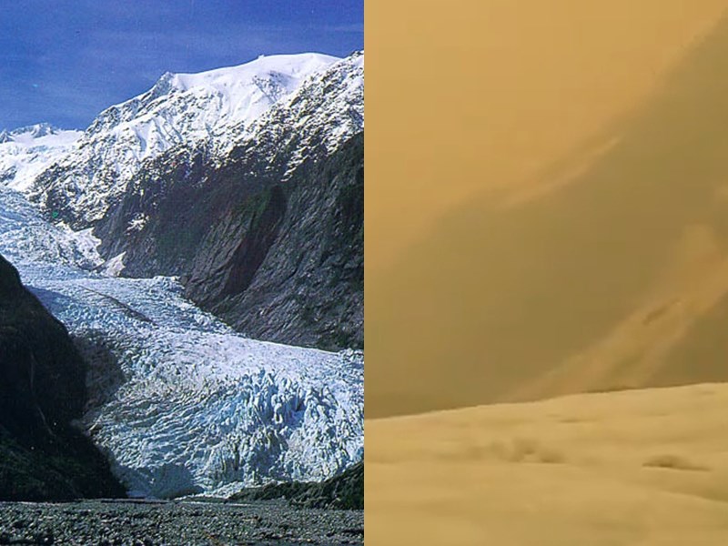 澳洲山林大火燒出濃濃黑煙，連遠在數千公里外的紐西蘭冰川也不能倖免。原本雪白無瑕的法蘭約瑟冰川（左），乍看下彷彿成了沙漠（右）。（右圖取自維基共享資源；作者dramatic，CC BY-SA 3.0，左圖取自twitter.com/MissRoho）