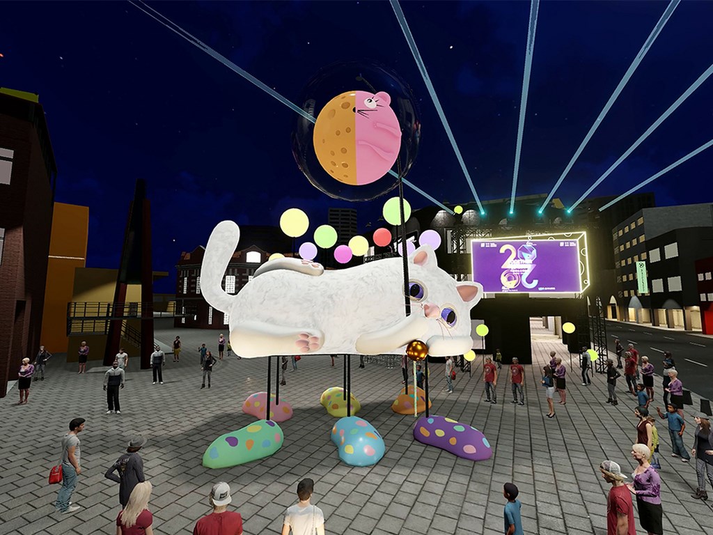 今年台北燈節主題為「TOGETHER WE GLOW,轉洞台北轉動光」,首度在西門町、南港南興公園展示「雙主燈」,圖為西區主燈「躲貓貓」。(台北市觀傳局提供)中央社記者梁珮綺傳真 109年1月7日
