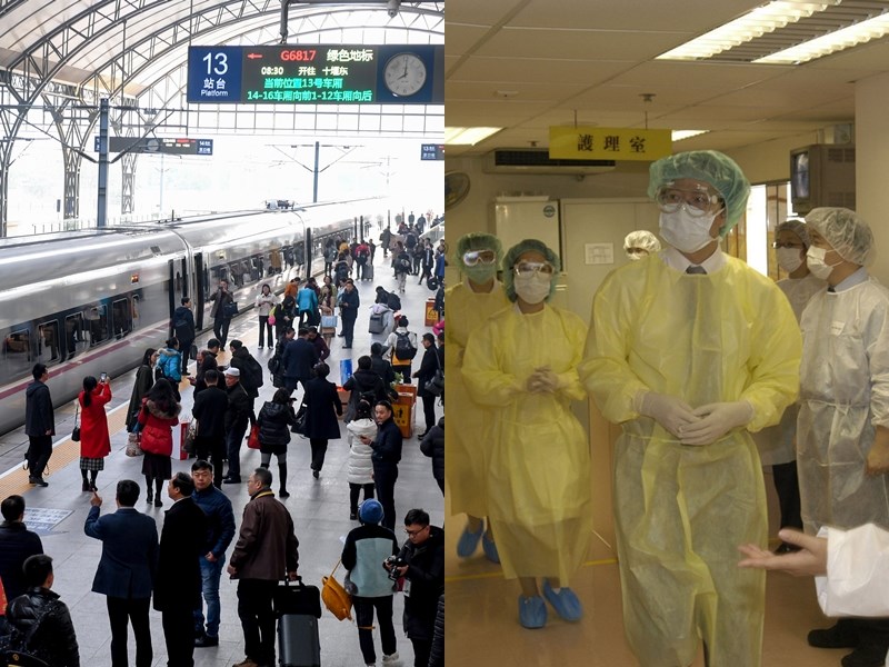 中國武漢爆發不明原因肺炎,美媒直指,香港已對此高度戒備,反觀武漢當地官方仍未對此展開防疫宣傳。左圖為武漢市漢口車站近日一景,右圖為香港2003年SARS在港爆發時,醫療當局測試預防措施。(左圖中新社檔案照片,右圖香港政府提供)