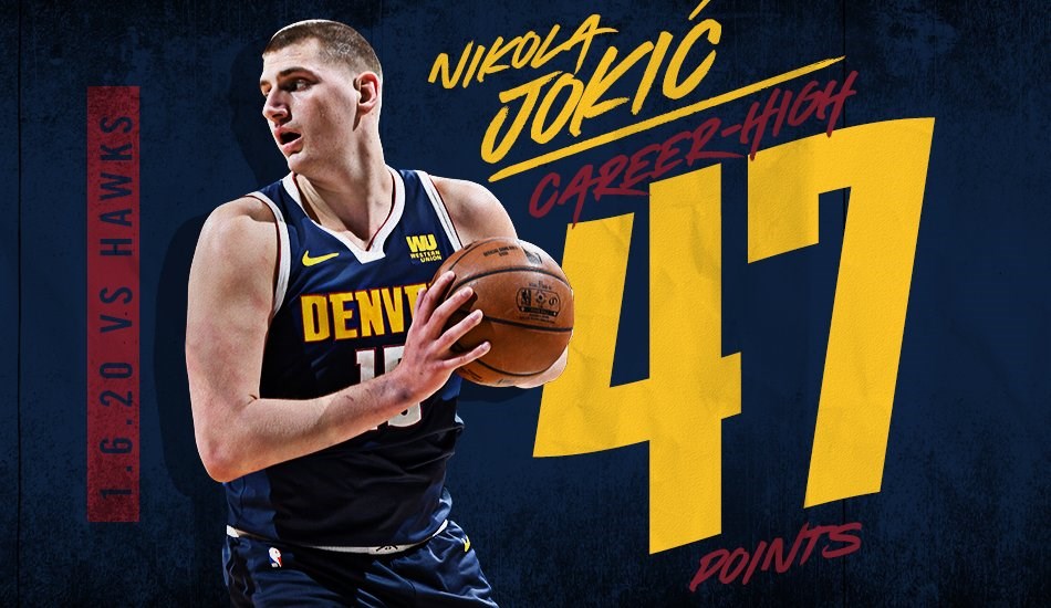 NBA丹佛金塊6日作客亞特蘭大老鷹,中鋒約基奇(圖)豪取生涯單場新高47分,助球隊以123比115使老鷹折翼。(圖取自twitter.com/nuggets)