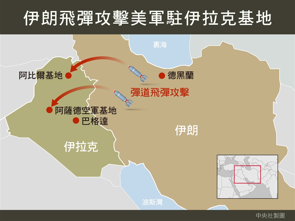 美國國防部五角大廈表示,伊朗7日發射「十多枚」飛彈,攻擊美國與聯軍部隊駐紮的兩個伊拉克空軍基地。(中央社製圖)
