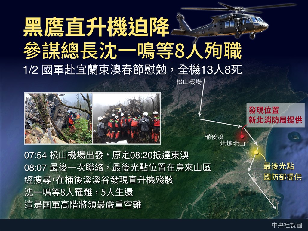 參謀總長沈一鳴上將等人,含機組人員共13人,2日上午7時50分搭乘黑鷹直升機前往宜蘭東澳進行春節慰勉,在新北市烏來山區失事。(中央社製圖)