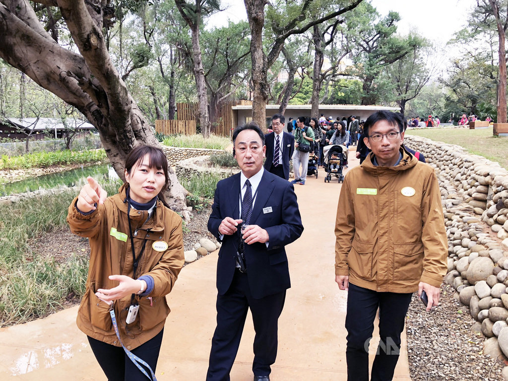 新竹市立動物園14日與日本東武動物公園締結姐妹園,竹市立動物園長楊家民(右)陪同東武動物公園取締役社長伴光雄(中)參觀園區。中央社記者郭宣彣攝 109年1月14日