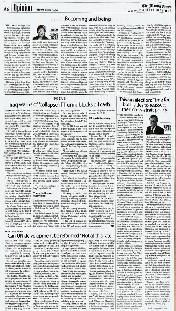 馬尼拉時報(The Manila Times)14日刊登政治專欄作家秦家驄(Frank Ching)評論「台灣大選:雙方重新評估兩岸政策的時候到了」(右下)。(駐菲代表處提供)中央社記者陳妍君傳真 109年1月15日