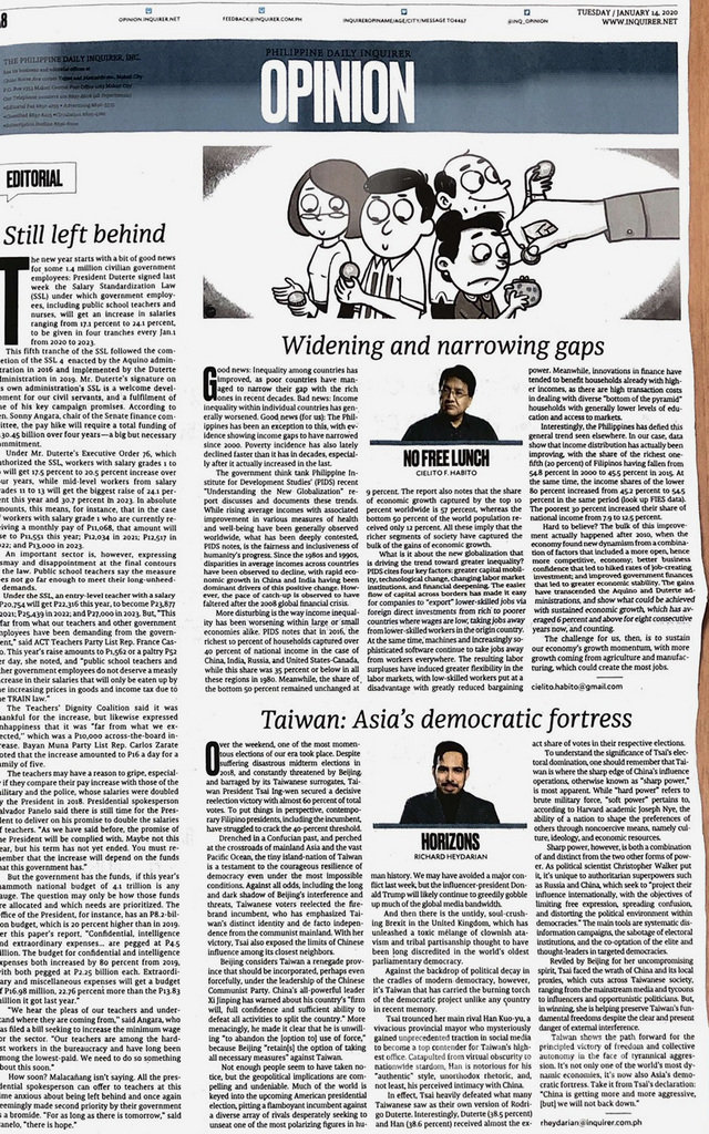菲律賓每日詢問報(Philippine Daily Inquirer)14日刊登政治分析家海達里安(Richard Heydarian)的評論「台灣:亞洲的民主堡壘」(右下)。(駐菲代表處提供)中央社記者陳妍君傳真 109年1月15日