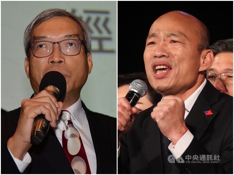 財信傳媒董事長謝金河(左)指高雄市長韓國瑜(右)以前沒喝酒睡不著。韓國瑜競選辦公室16日凌晨表示非事實。(中央社檔案照片)