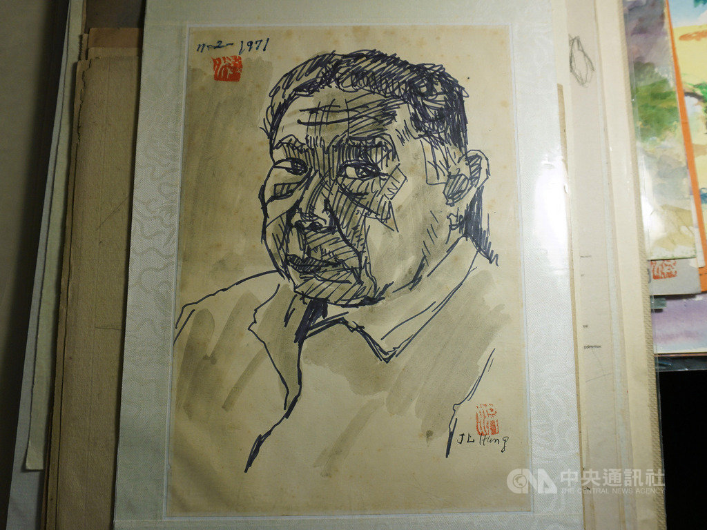 已故台灣畫家洪瑞麟在瑞芳礦坑工作30年,作品描繪礦工身影,圖為他在1971年的自畫像。中央社記者林宏翰洛杉磯攝 109年1月19日