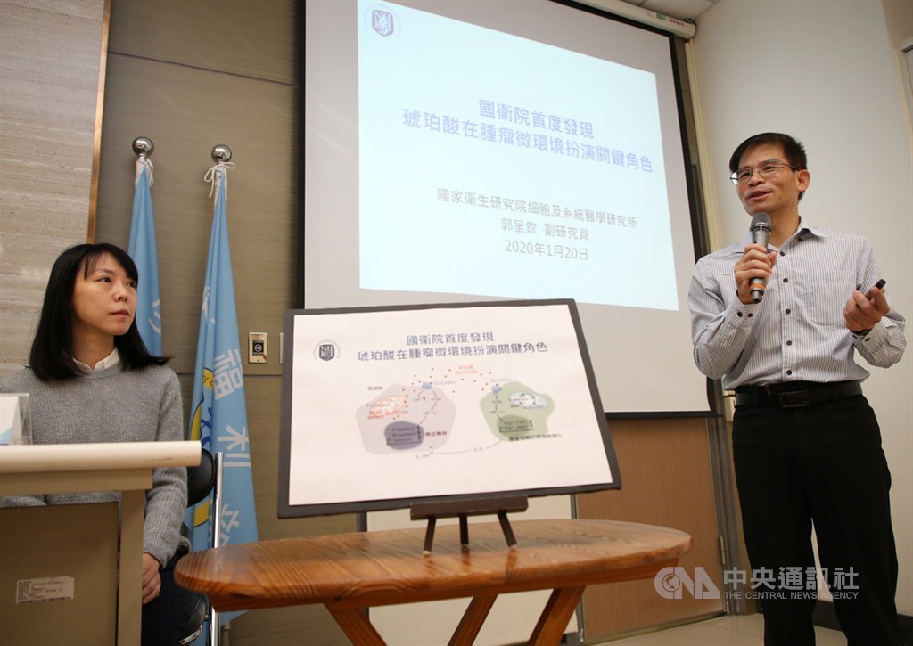國家衛生研究院20日舉行「首度發現-琥珀酸在腫瘤微環境扮演關鍵角色」研究成果記者會,國衛院細胞及系統醫學研究所副研究員郭呈欽(右)、研究團隊成員吳京穎博士(左)說明研究成果。中央社記者鄭傑文攝 109年1月20日