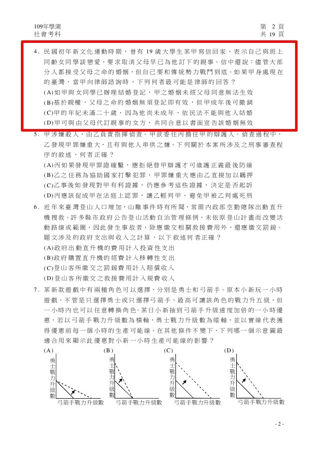 學測日前考完,有法律學者對學測社會科試題的答案(紅框處)提出疑義,大考中心20日表示,各界可透過意見表反映,大考中心會先諮詢其他專家,必要時召開會議討論。(圖取自大考中心網頁)