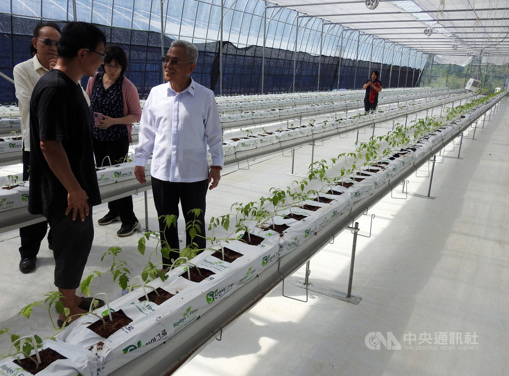 駐菲代表徐佩勇(前右1)21日前往菲律賓農業部的黎薩省農業研究試驗站考察,並參觀試驗站內建造的智慧溫室。中央社記者陳妍君黎薩省攝 109年1月21日