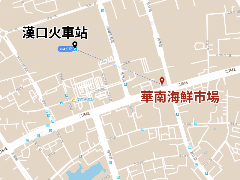 根據Google地圖,漢口火車站距武漢肺炎爆發的華南海鮮市場直線距離約754公尺。(圖取自Google地圖網頁google.com/maps)