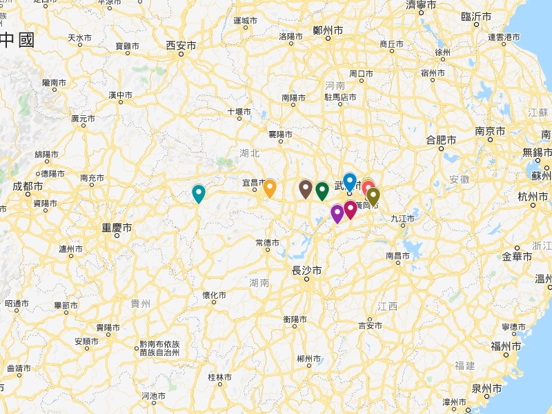 截至24日中午,湖北武漢、鄂州、黃岡、赤壁、仙桃等10個城市相繼宣布封城。(圖取自Google地圖網頁google.com/maps)