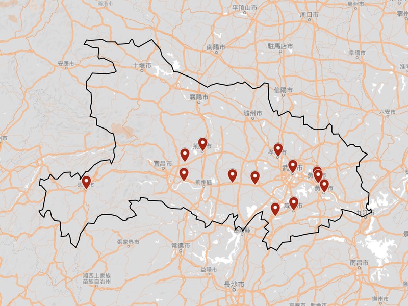 綜合陸媒報導,湖北省(黑框區域)已有13個城市區域(紅標處)公共交通停運。(圖取自Google地圖網頁google.com/maps)
