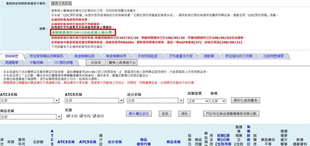 依據中央流行疫情指揮中心指示,將移民署提供1月13日起(14天內)由武漢入境台灣的名單資料,提示在健保雲端系統主頁面的病人資訊摘要上(紅框處),供醫師診斷病人時提高警覺。(圖取自柯紹華臉書facebook.com)