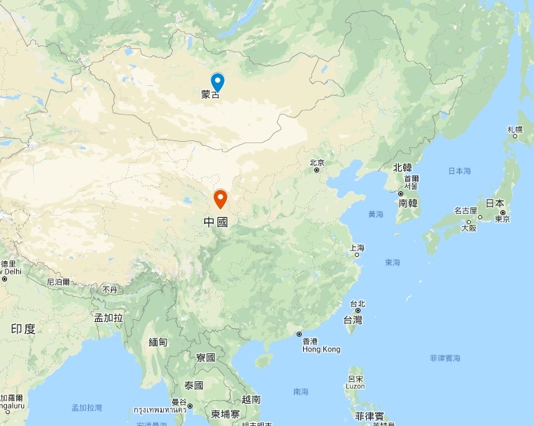 為了防範武漢肺炎,蒙古(藍點)已關閉與中國(紅點)的邊界通行站,禁止人車通行,同時下令學校停課。(圖取自Google地圖網頁google.com/maps)
