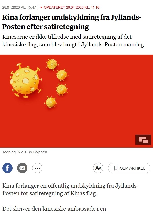 丹麥「日德蘭郵報」27日出刊的諷刺漫畫，將中國國旗上的5星換成5枚新型冠狀病毒圖案，引發北京憤怒抗議。（圖取自日德蘭郵報網頁jyllands-posten.dk）