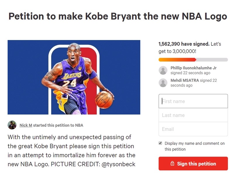 Kobe 26日意外辭世,粉絲上網連署要求把這位湖人隊退役球員變成新NBA標誌,請願網站Change.org的連署在一天半就有超過155萬人簽署,目前目標設在300萬人。(圖取自網頁change.org)