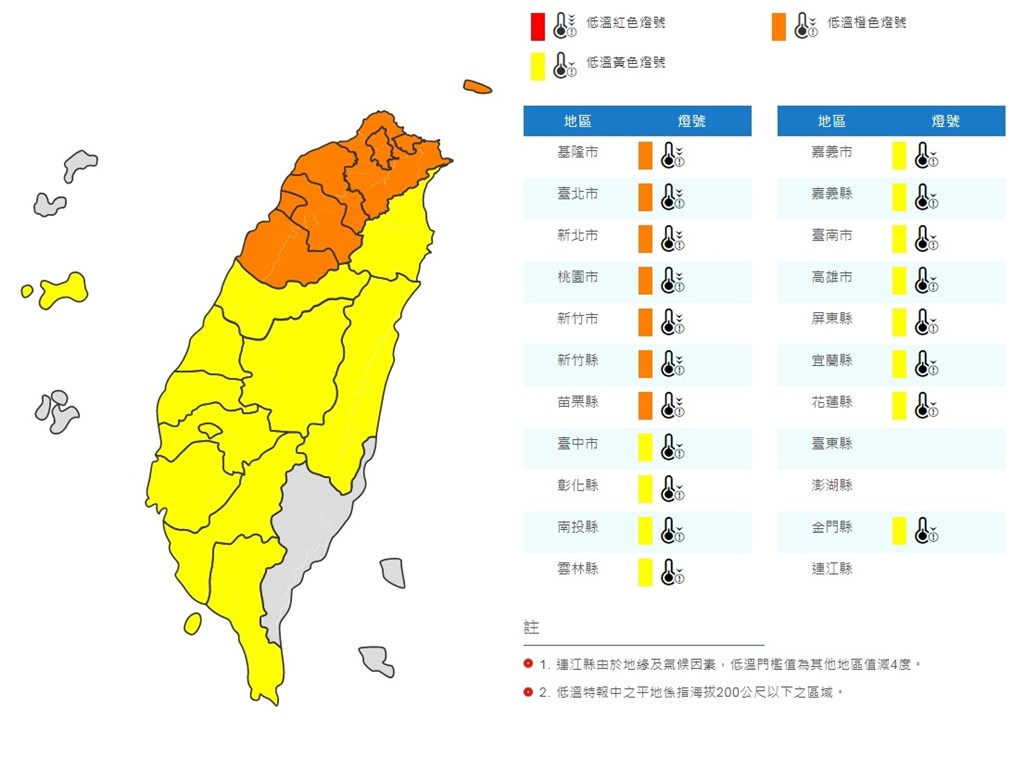 氣象局低溫特報指出,29日下午到30日白天低溫區域,包括代表非常寒冷的橙色燈號區域,基隆市、台北市、新北市、桃園市、新竹市、新竹縣、苗栗縣有持續10度左右或以下氣溫發生的機率。(圖取自中央氣象局網頁cwb.gov.tw)