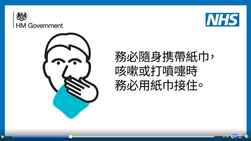 英國NHS在臉書發布「有關冠狀病毒的建議」影片,除發布英文版,也製作了中文版。影片中使用繁體中文,引發中國網友不滿,認為英國政府若希望更多人看懂,應該製作簡體中文版影片。(圖取自facebook.com/NHSwebsite)