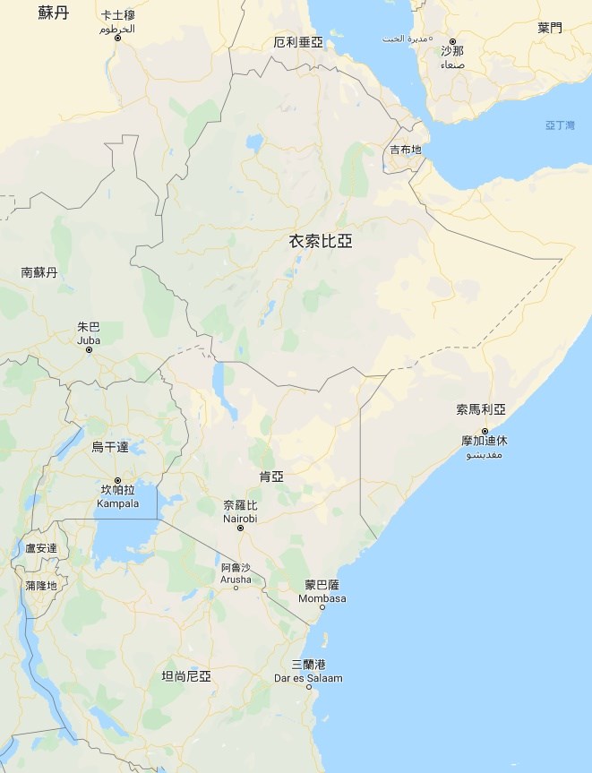 東非國家肯亞、衣索比亞和索馬利亞與烏干達因大批蝗蟲入侵傳出災情。(圖取自Google地圖google.com/maps)
